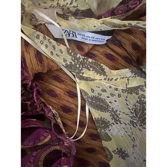 NWT Zara XS Printed Halter Neck Tunic Blouse Tiered Metallic Accent - Picture 3 of 6